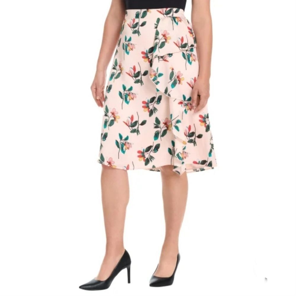 Ted Baker Elegant Side Ruffle Midi Skirt Shell Pink Floral Womens XL (16/18) NWT